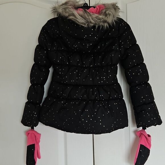 Jessica Simpson Girls Puffy Winter Coat With Faux Fur Hood & Mittens 10/12 Black - Picture 3 of 16